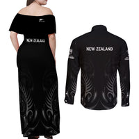 New Zealand Couples Matching Off Shoulder Maxi Dress and Long Sleeve Button Shirt Rugby 2023 Champions Black DT02 - Polynesian Pride