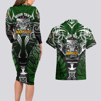 Personalised Warriors Maori Darts Couples Matching Long Sleeve Bodycon Dress and Hawaiian Shirt New Zealand Darts Silver Fern
