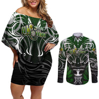 Personalised Warriors Maori Darts Couples Matching Off Shoulder Short Dress and Long Sleeve Button Shirt New Zealand Darts Silver Fern