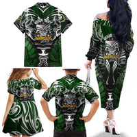 Personalised Warriors Maori Darts Family Matching Off The Shoulder Long Sleeve Dress and Hawaiian Shirt New Zealand Darts Silver Fern