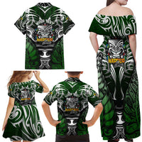 Personalised Warriors Maori Darts Family Matching Off Shoulder Maxi Dress and Hawaiian Shirt New Zealand Darts Silver Fern