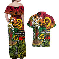 Personalized Vanuatu 45th Independence Anniversary Couples Matching Off Shoulder Maxi Dress and Hawaiian Shirt Melanesian Pattern Reggae - Polynesian Pride