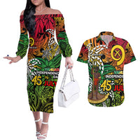 Personalized Vanuatu 45th Independence Anniversary Couples Matching Off The Shoulder Long Sleeve Dress and Hawaiian Shirt Melanesian Pattern Reggae - Polynesian Pride