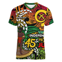 Personalized Vanuatu 45th Independence Anniversary Women V-Neck T-Shirt Melanesian Pattern Reggae - Polynesian Pride