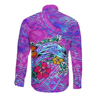 Personalized Dolphin Polynesia Long Sleeve Button Shirt Hibiscus Tropical Wave - Purple Vibes