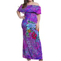 Personalized Dolphin Polynesia Off Shoulder Maxi Dress Hibiscus Tropical Wave - Purple Vibes