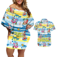Surfing Christmas Couples Matching Off Shoulder Short Dress and Hawaiian Shirt Tropical Santa Let's Go Surfing DT02 Art - Polynesian Pride