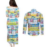 Surfing Christmas Couples Matching Puletasi Dress and Long Sleeve Button Shirt Tropical Santa Let's Go Surfing DT02 - Polynesian Pride
