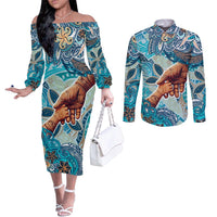 Hand In Hand Father's Day Polynesian Couples Matching Off The Shoulder Long Sleeve Dress and Long Sleeve Button Shirt Tribal Flower Pattern