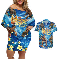 Hawaii Father's Day Couples Matching Off Shoulder Short Dress and Hawaiian Shirt The Surfing Dad Polynesian Tattoo