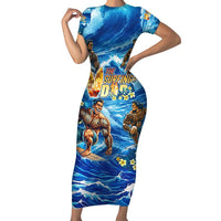 Hawaii Father's Day Family Matching Short Sleeve Bodycon Dress and Hawaiian Shirt The Surfing Dad Polynesian Tattoo