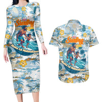 Hawaii Father's Day It's Surfing Time Couples Matching Long Sleeve Bodycon Dress and Hawaiian Shirt Aloha Lā Makuakane