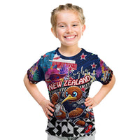 Personalized Kiwi New Zealand Rugby Kid T Shirt Kiwis Mascot Tropical Pattern