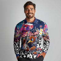 Personalized Kiwi New Zealand Rugby Long Sleeve Polo Shirt Kiwis Mascot Tropical Pattern