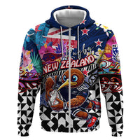 Personalized Kiwi New Zealand Rugby Zip Hoodie Kiwis Mascot Tropical Pattern