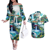 Wailua Falls Hawaii Couples Matching Off The Shoulder Long Sleeve Dress and Hawaiian Shirt Kauai Natural Beauty