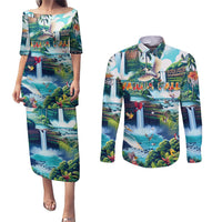 Wailua Falls Hawaii Couples Matching Puletasi and Long Sleeve Button Shirt Kauai Natural Beauty