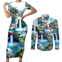 Wailua Falls Hawaii Couples Matching Short Sleeve Bodycon Dress and Long Sleeve Button Shirt Kauai Natural Beauty