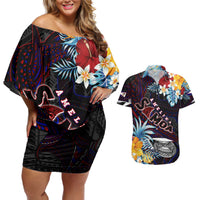 Personalized Amelika Samoa Sharks Polynesia Couples Matching Off Shoulder Short Dress and Hawaiian Shirt American Samoa DT02 Black - Polynesian Pride