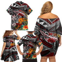 Personalized American Samoa Warrior Family Matching Off Shoulder Short Dress and Hawaiian Shirt Shark Turtle Polynesian Tattoo