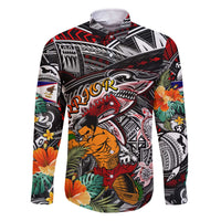 Personalized American Samoa Warrior Family Matching Off Shoulder Short Dress and Hawaiian Shirt Shark Turtle Polynesian Tattoo
