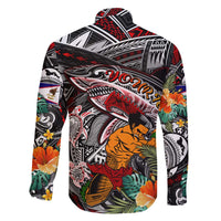 Personalized American Samoa Warrior Family Matching Off Shoulder Short Dress and Hawaiian Shirt Shark Turtle Polynesian Tattoo