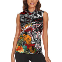 Personalized American Samoa Warrior Women Sleeveless Polo Shirt Shark Turtle Polynesian Tattoo DT02 - Polynesian Pride