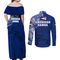 Sharks And American Samoa Couples Matching Off Shoulder Maxi Dress and Long Sleeve Button Shirt Simple Polynesian Blue