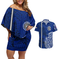 Sharks And American Samoa Couples Matching Off Shoulder Short Dress and Hawaiian Shirt Simple Polynesian Blue DT02 Blue - Polynesian Pride