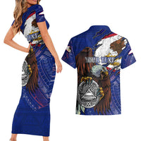 American Samoa Couples Matching Short Sleeve Bodycon Dress and Hawaiian Shirt Brave Eagle Flag Color
