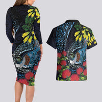 New Zealand Tui Bird Couples Matching Long Sleeve Bodycon Dress and Hawaiian Shirt Maori Koru Mix Pohutukawa