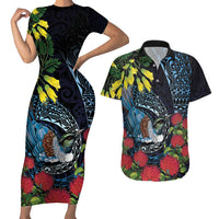 New Zealand Tui Bird Couples Matching Short Sleeve Bodycon Dress and Hawaiian Shirt Maori Koru Mix Pohutukawa