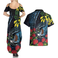 New Zealand Tui Bird Couples Matching Summer Maxi Dress and Hawaiian Shirt Maori Koru Mix Pohutukawa