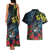 New Zealand Tui Bird Couples Matching Tank Maxi Dress and Hawaiian Shirt Maori Koru Mix Pohutukawa