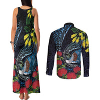 New Zealand Tui Bird Couples Matching Tank Maxi Dress and Long Sleeve Button Shirt Maori Koru Mix Pohutukawa DT04 - Polynesian Pride