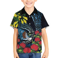 New Zealand Tui Bird Family Matching Puletasi and Hawaiian Shirt Maori Koru Mix Pohutukawa