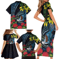 New Zealand Tui Bird Family Matching Short Sleeve Bodycon Dress and Hawaiian Shirt Maori Koru Mix Pohutukawa