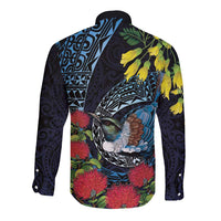 New Zealand Tui Bird Long Sleeve Button Shirt Maori Koru Mix Pohutukawa DT04 - Polynesian Pride