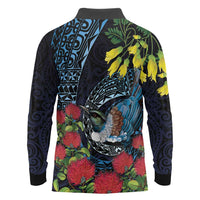 New Zealand Tui Bird Long Sleeve Polo Shirt Maori Koru Mix Pohutukawa