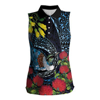 New Zealand Tui Bird Women Sleeveless Polo Shirt Maori Koru Mix Pohutukawa DT04 Female Black - Polynesian Pride