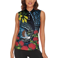 New Zealand Tui Bird Women Sleeveless Polo Shirt Maori Koru Mix Pohutukawa DT04 - Polynesian Pride