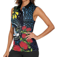 New Zealand Tui Bird Women Sleeveless Polo Shirt Maori Koru Mix Pohutukawa DT04 - Polynesian Pride