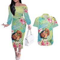 Personalised Hawaii Father's Day Couples Matching Off The Shoulder Long Sleeve Dress and Hawaiian Shirt Happy Father And Child