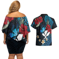 Hawaii Butterfly Couples Matching Off Shoulder Short Dress and Hawaiian Shirt Kanaka Maoli Mix Hibiscus
