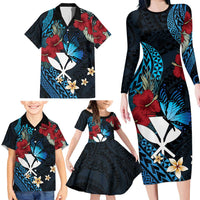 Hawaii Butterfly Family Matching Long Sleeve Bodycon Dress and Hawaiian Shirt Kanaka Maoli Mix Hibiscus