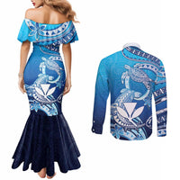 Hawaii Couples Matching Mermaid Dress and Long Sleeve Button Shirt Turtle With Hammerhead Shark Oceanic
