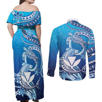 Hawaii Couples Matching Off Shoulder Maxi Dress and Long Sleeve Button Shirt Turtle With Hammerhead Shark Oceanic