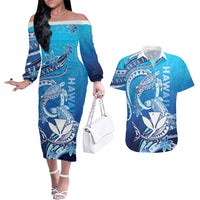 Hawaii Couples Matching Off The Shoulder Long Sleeve Dress and Hawaiian Shirt Turtle With Hammerhead Shark Oceanic