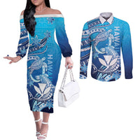 Hawaii Couples Matching Off The Shoulder Long Sleeve Dress and Long Sleeve Button Shirt Turtle With Hammerhead Shark Oceanic