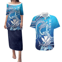 Hawaii Couples Matching Puletasi and Hawaiian Shirt Turtle With Hammerhead Shark Oceanic
